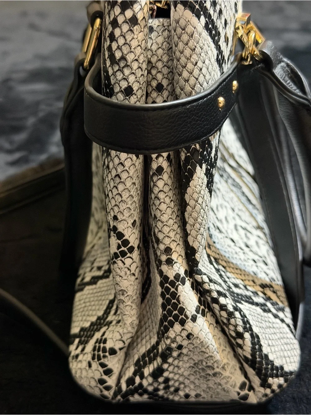 Aldo Black & White Snake-Print Satchel with Gold Stud Accents